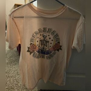 Women's Size Small Longer "Crop" Light Pink Billabong T-Shirt with Skull Graphic
